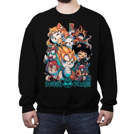 90s Anime Neko - Crew Neck Sweatshirt Crew Neck Sweatshirt RIPT Apparel Small / Black