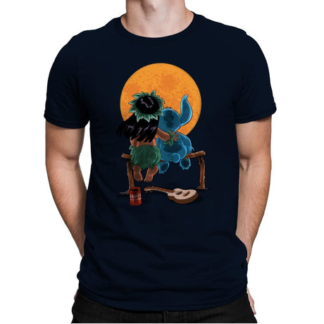 Alien and Girl Gazing at the Moon - Mens Premium T-Shirts RIPT Apparel Small / Midnight Navy