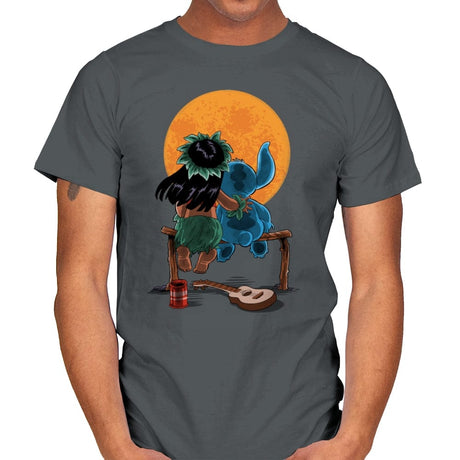 Alien and Girl Gazing at the Moon - Mens T-Shirts RIPT Apparel Small / Charcoal