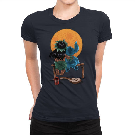 Alien and Girl Gazing at the Moon - Womens Premium T-Shirts RIPT Apparel Small / Midnight Navy