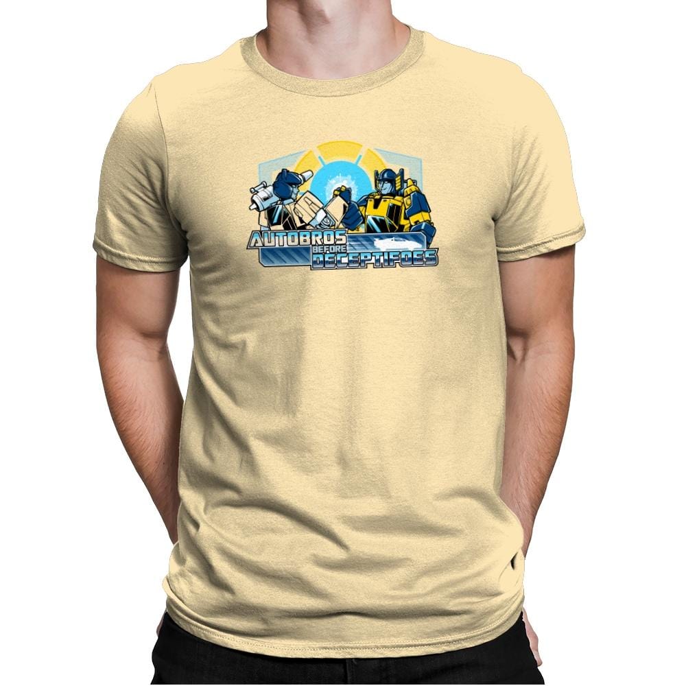 Autobros Before Decepti-foes Exclusive - Mens Premium T-Shirts RIPT Apparel Small / Banana Cream