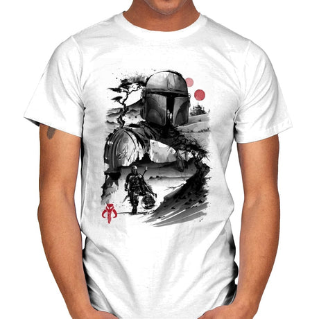 Bounty Hunter in the Desert Planet Sumi-e - Mens T-Shirts RIPT Apparel Small / White