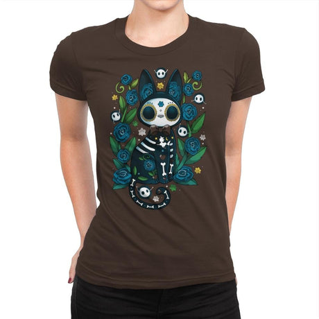 Calavera Witched Cat - Womens Premium T-Shirts RIPT Apparel Small / Dark Chocolate