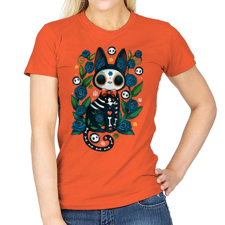 Calavera Witched Cat - Womens T-Shirts RIPT Apparel Small / Orange