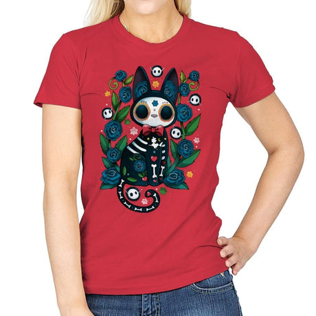 Calavera Witched Cat - Womens T-Shirts RIPT Apparel Small / Red