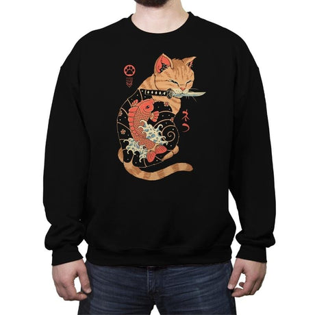 Carp Tattooed Cat - Crew Neck Sweatshirt Crew Neck Sweatshirt RIPT Apparel Small / Black