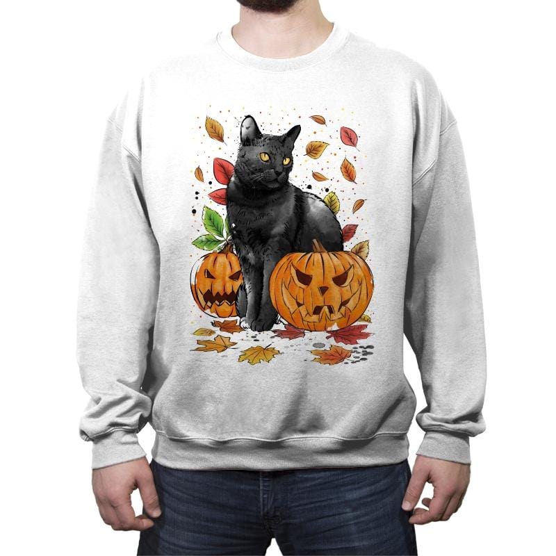 Cat Leaves and Pumpkins - Crew Neck Sweatshirt Crew Neck Sweatshirt RIPT Apparel Small / White