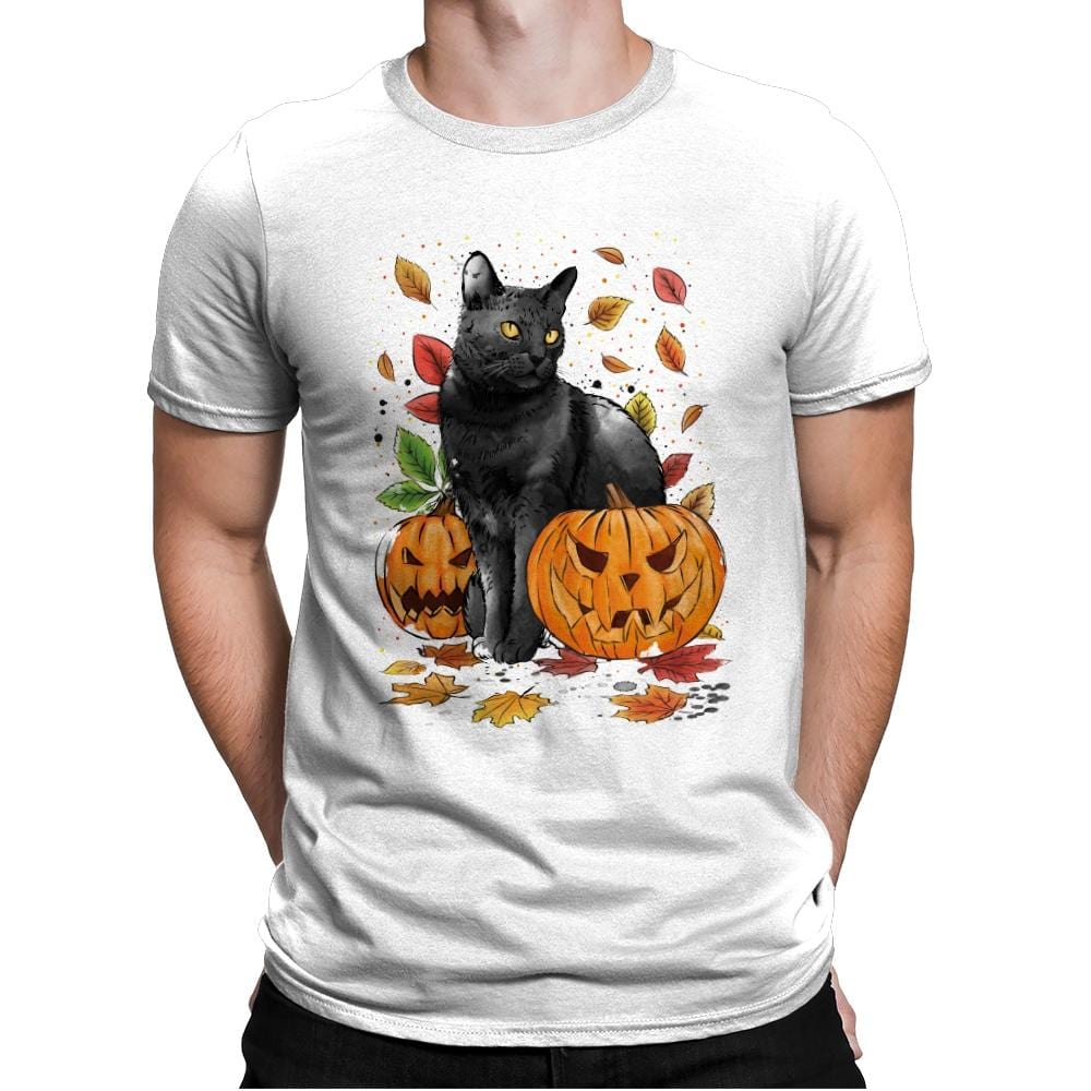 Cat Leaves and Pumpkins - Mens Premium T-Shirts RIPT Apparel Small / White
