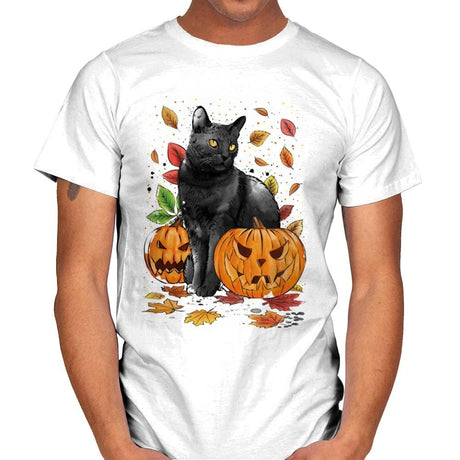 Cat Leaves and Pumpkins - Mens T-Shirts RIPT Apparel Small / White