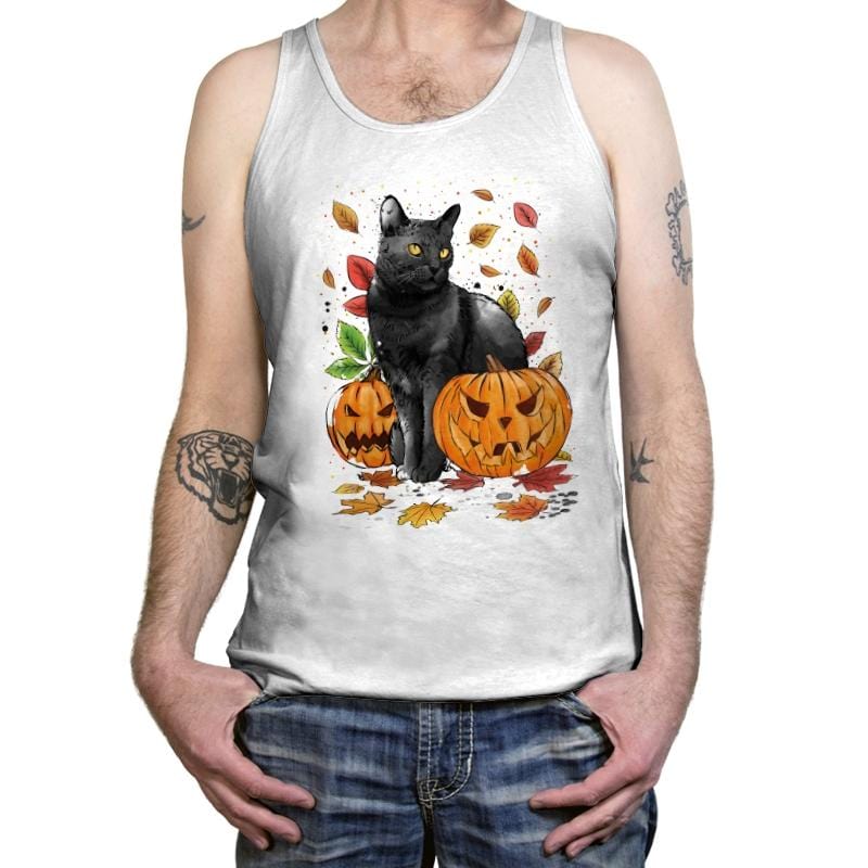Cat Leaves and Pumpkins - Tanktop Tanktop RIPT Apparel X-Small / White