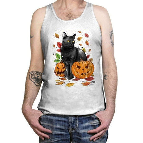 Cat Leaves and Pumpkins - Tanktop Tanktop RIPT Apparel X-Small / White