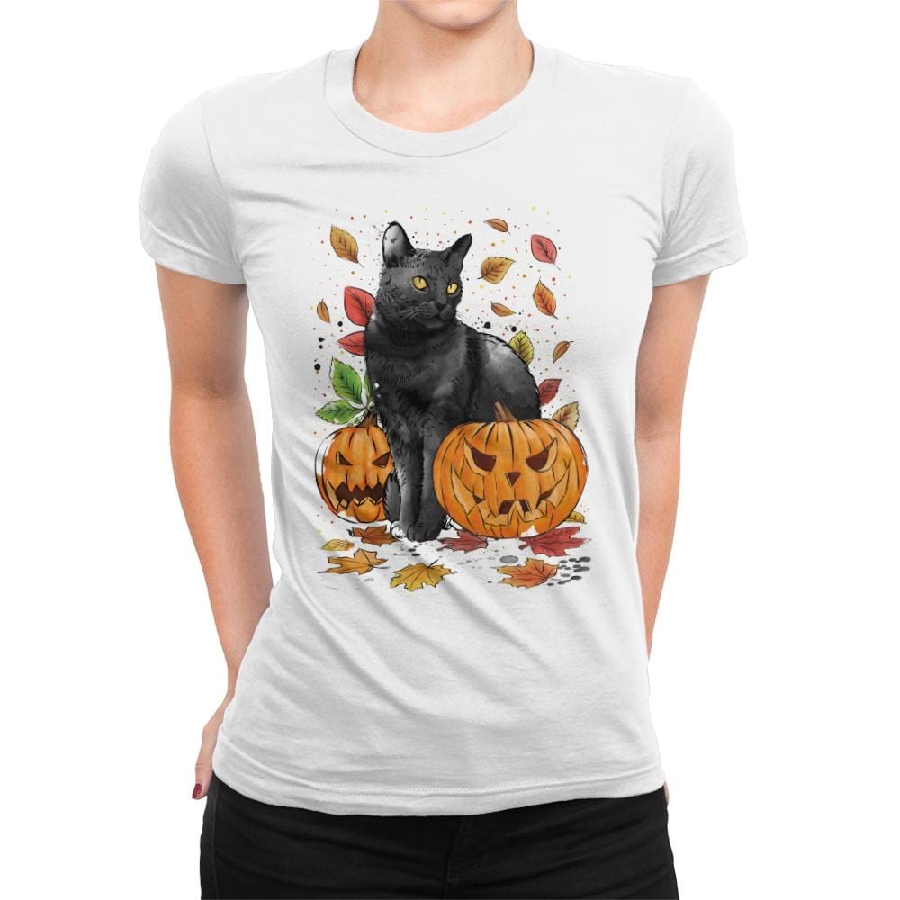 Cat Leaves and Pumpkins - Womens Premium T-Shirts RIPT Apparel Small / White