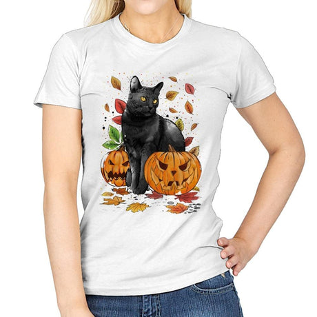 Cat Leaves and Pumpkins - Womens T-Shirts RIPT Apparel Small / White