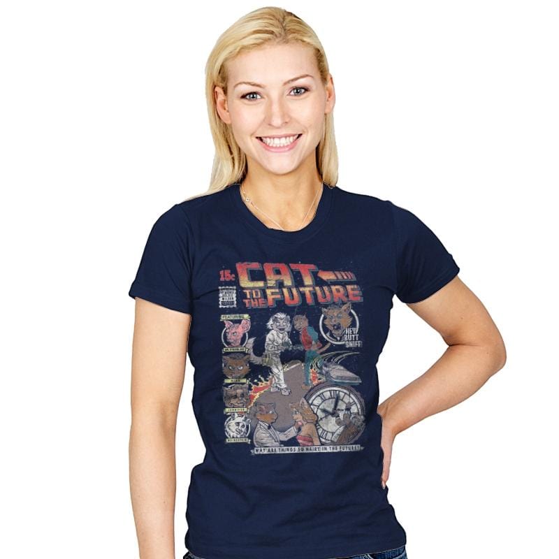 Cat to the Future - Womens T-Shirts RIPT Apparel Small / Navy