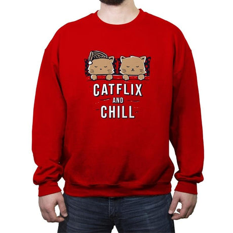 Catflix And Chill - Crew Neck Sweatshirt Crew Neck Sweatshirt RIPT Apparel Small / Red