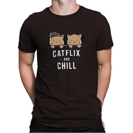 Catflix And Chill - Mens Premium T-Shirts RIPT Apparel Small / Dark Chocolate