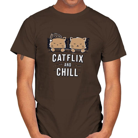 Catflix And Chill - Mens T-Shirts RIPT Apparel Small / Dark Chocolate