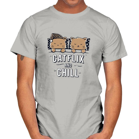 Catflix And Chill - Mens T-Shirts RIPT Apparel Small / Ice Grey