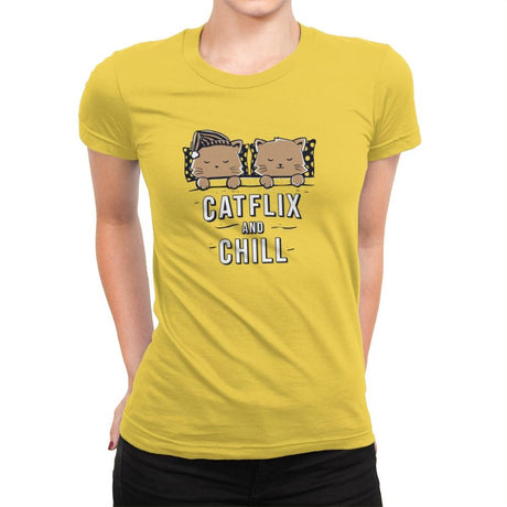 Catflix And Chill - Womens Premium T-Shirts RIPT Apparel Small / Vibrant Yellow