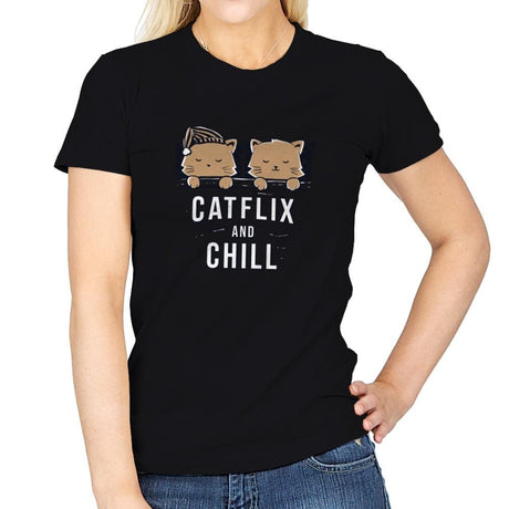 Catflix And Chill - Womens T-Shirts RIPT Apparel Small / Black