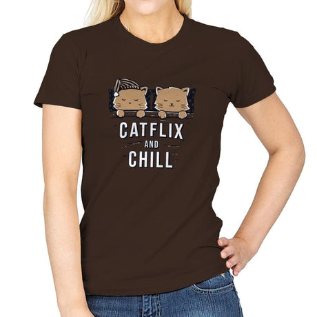 Catflix And Chill - Womens T-Shirts RIPT Apparel Small / Dark Chocolate