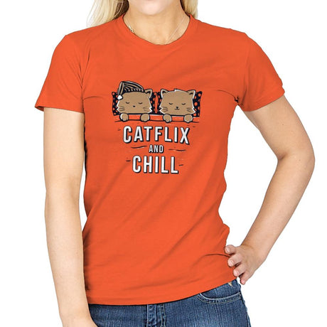 Catflix And Chill - Womens T-Shirts RIPT Apparel Small / Orange