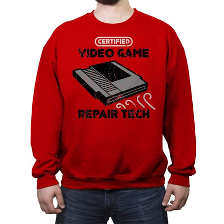 Certified Video Game Repair Tech - Crew Neck Sweatshirt Crew Neck Sweatshirt RIPT Apparel Small / Red