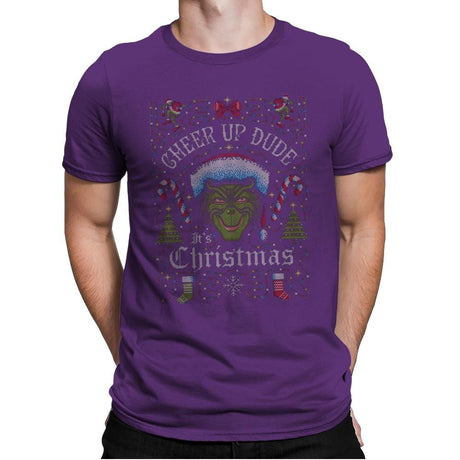 Cheer Up Dude, It's Christmas - Ugly Holiday - Mens Premium T-Shirts RIPT Apparel Small / Purple Rush
