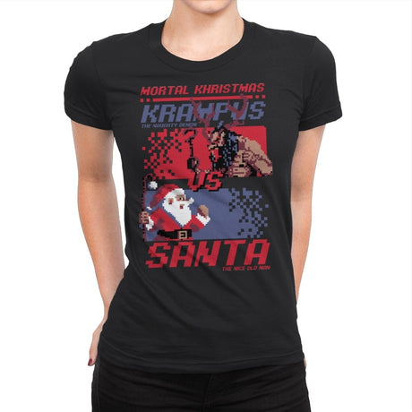 Christmas Fight - Pixel Santa vs Krampus - Shirt Club - Womens Premium T-Shirts RIPT Apparel Small / Black