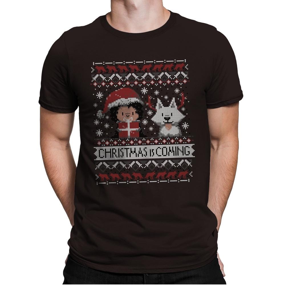 Christmas is Coming - Ugly Holiday - Mens Premium T-Shirts RIPT Apparel Small / Dark Chocolate