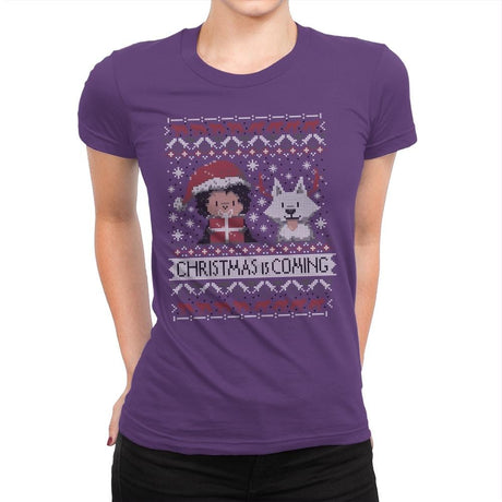 Christmas is Coming - Ugly Holiday - Womens Premium T-Shirts RIPT Apparel Small / Purple Rush