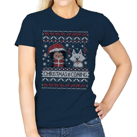Christmas is Coming - Ugly Holiday - Womens T-Shirts RIPT Apparel Small / Navy