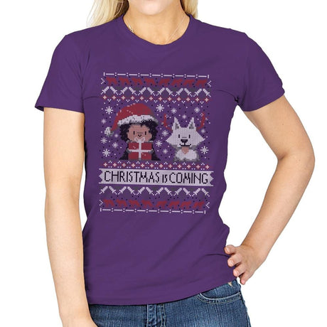 Christmas is Coming - Ugly Holiday - Womens T-Shirts RIPT Apparel Small / Purple