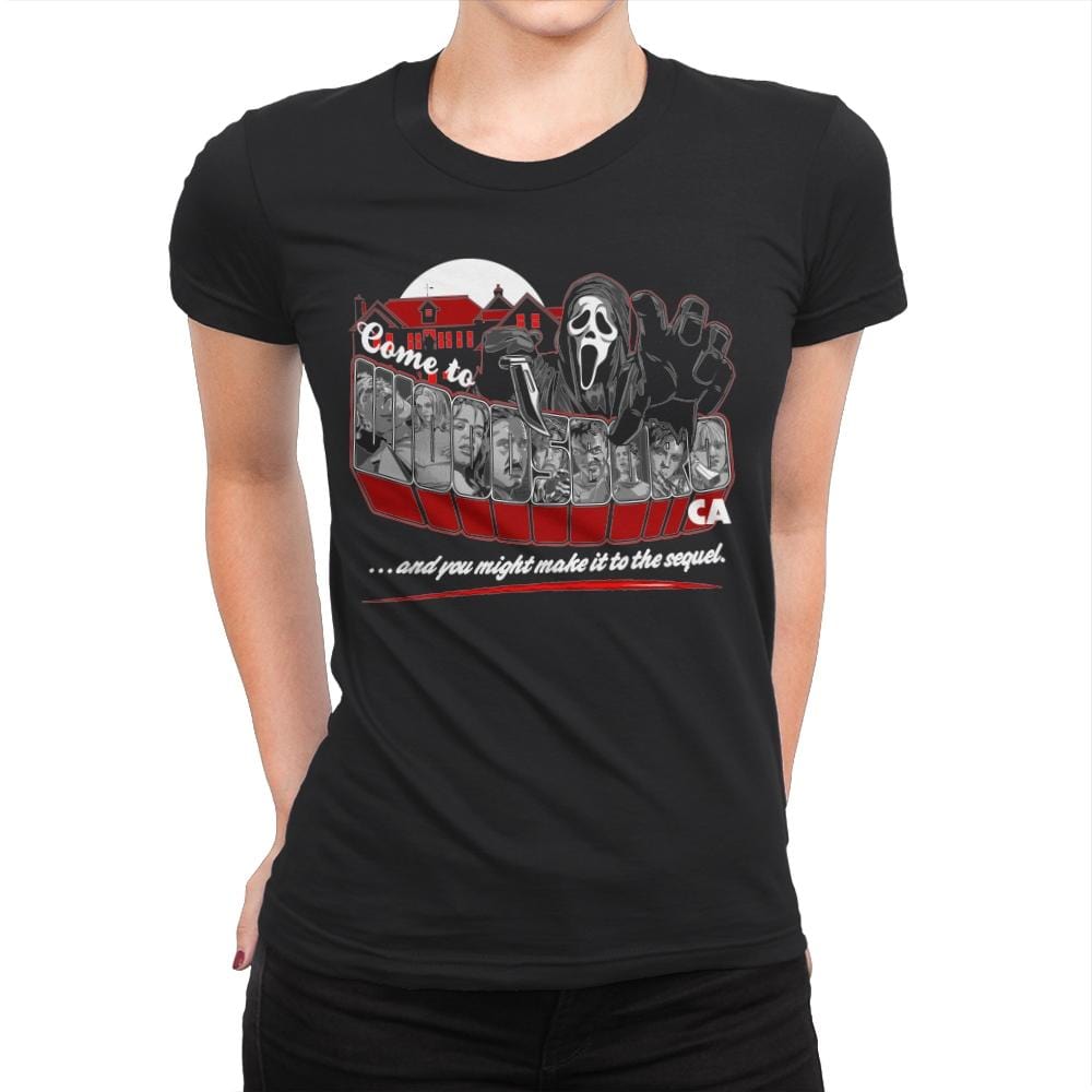 Come to Woodsboro - Womens Premium T-Shirts RIPT Apparel Small / Black