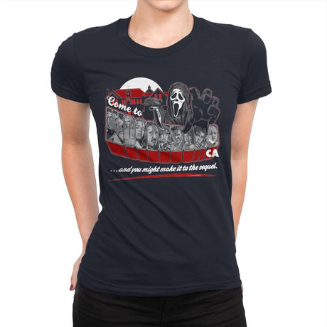 Come to Woodsboro - Womens Premium T-Shirts RIPT Apparel Small / Midnight Navy