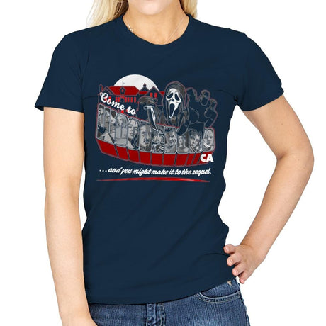 Come to Woodsboro - Womens T-Shirts RIPT Apparel Small / Navy