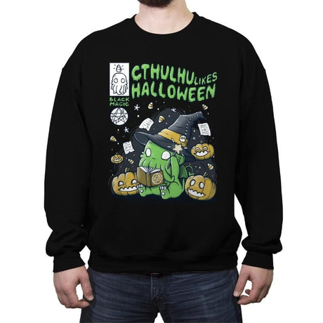 Cthulhu Likes Halloween - Anytime - Crew Neck Sweatshirt Crew Neck Sweatshirt RIPT Apparel Small / Black