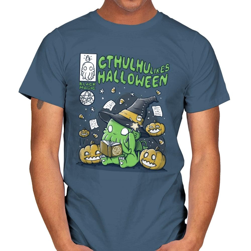 Cthulhu Likes Halloween - Anytime - Mens T-Shirts RIPT Apparel Small / Indigo Blue