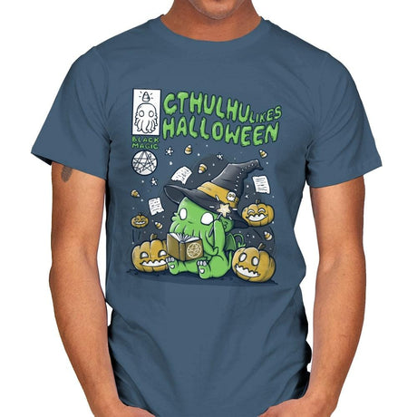 Cthulhu Likes Halloween - Anytime - Mens T-Shirts RIPT Apparel Small / Indigo Blue