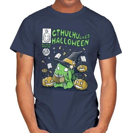 Cthulhu Likes Halloween - Anytime - Mens T-Shirts RIPT Apparel Small / Navy
