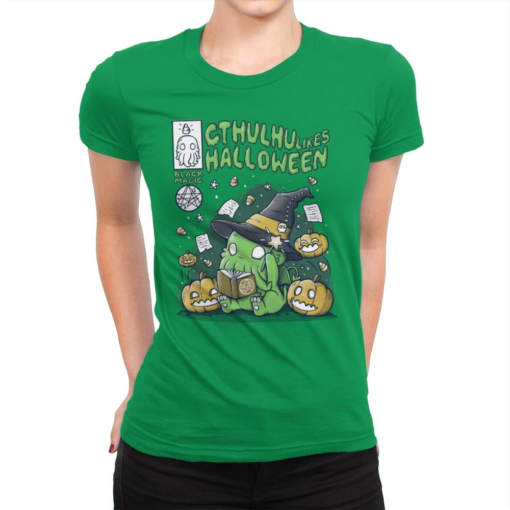 Cthulhu Likes Halloween - Anytime - Womens Premium T-Shirts RIPT Apparel Small / Kelly Green