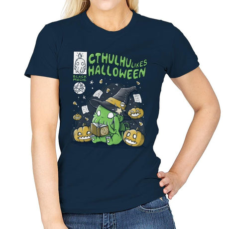 Cthulhu Likes Halloween - Anytime - Womens T-Shirts RIPT Apparel Small / Navy