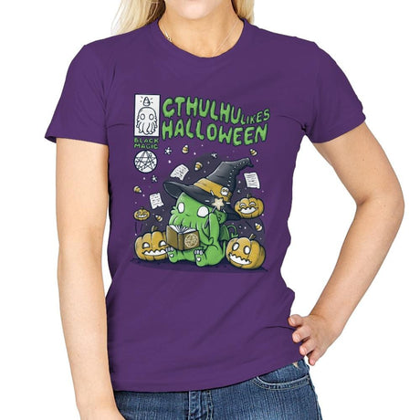 Cthulhu Likes Halloween - Anytime - Womens T-Shirts RIPT Apparel Small / Purple