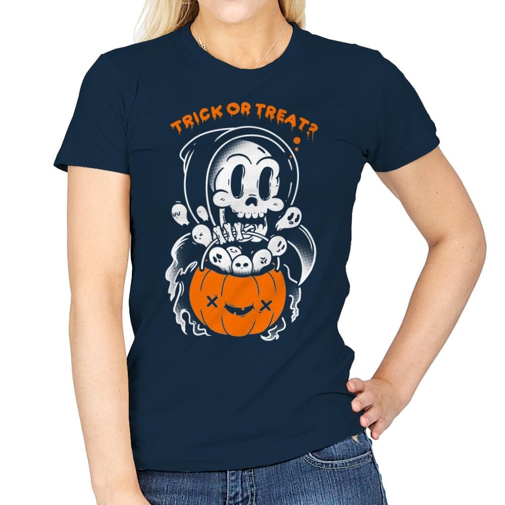 Death's Trick or Treat - Anytime - Womens T-Shirts RIPT Apparel Small / Navy