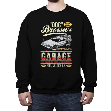 Doc Brown's Garage - Crew Neck Sweatshirt Crew Neck Sweatshirt RIPT Apparel
