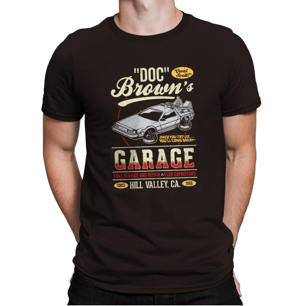 Doc Brown's Garage - Mens Premium T-Shirts RIPT Apparel Small / Dark Chocolate