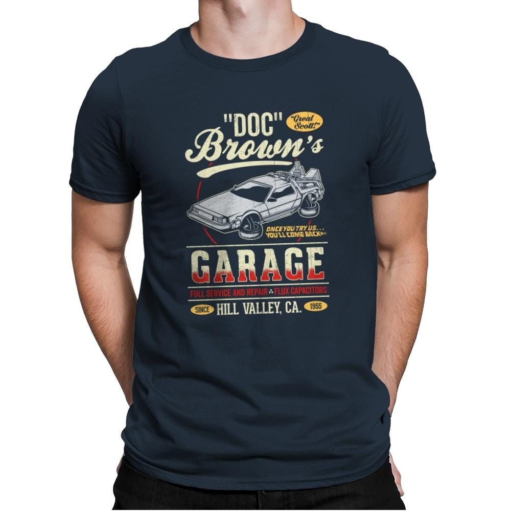 Doc Brown's Garage - Mens Premium T-Shirts RIPT Apparel Small / Indigo