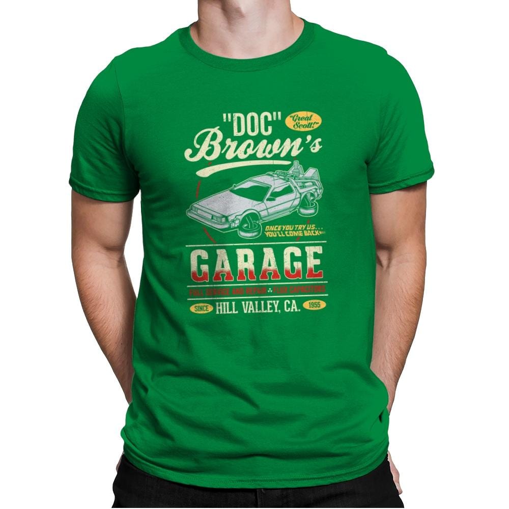 Doc Brown's Garage - Mens Premium T-Shirts RIPT Apparel Small / Kelly Green