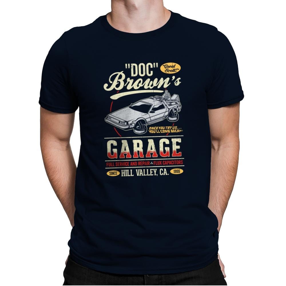 Doc Brown's Garage - Mens Premium T-Shirts RIPT Apparel Small / Midnight Navy
