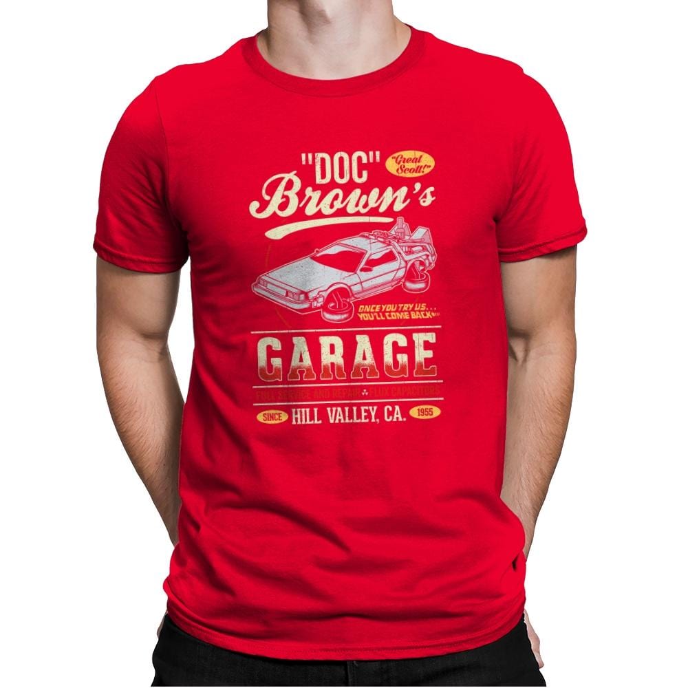 Doc Brown's Garage - Mens Premium T-Shirts RIPT Apparel Small / Red